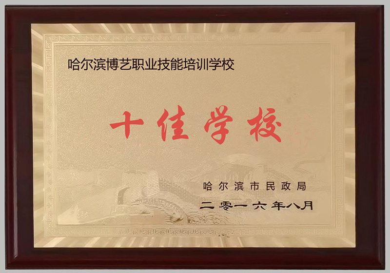 2016年8月哈尔滨市民政局颁发给博艺电脑学校十佳学校奖牌照片